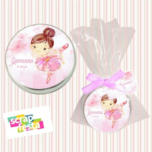 Latinha, Saquinho, Fitinha e Tag Personalizada Bailarina