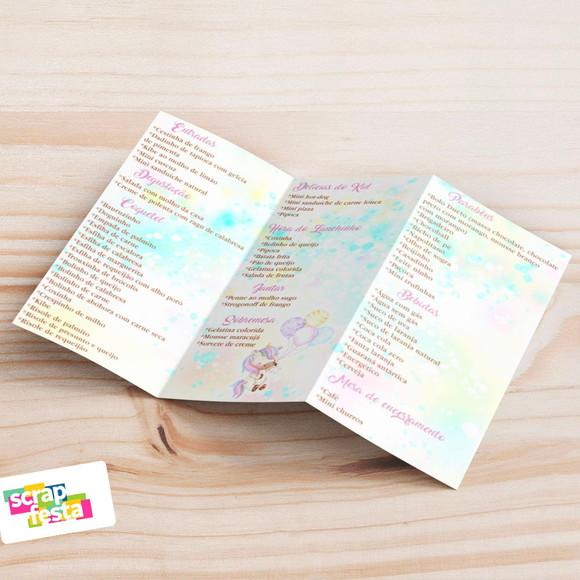 Menu Cardápio 3 Partes Festa Unicórnio Aquarela