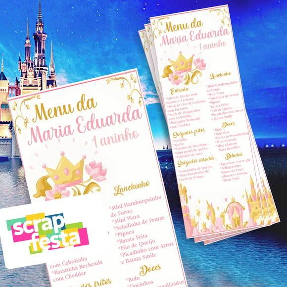 Menu Cardápio Personalizado Festa Princesas Castelo Aquarela
