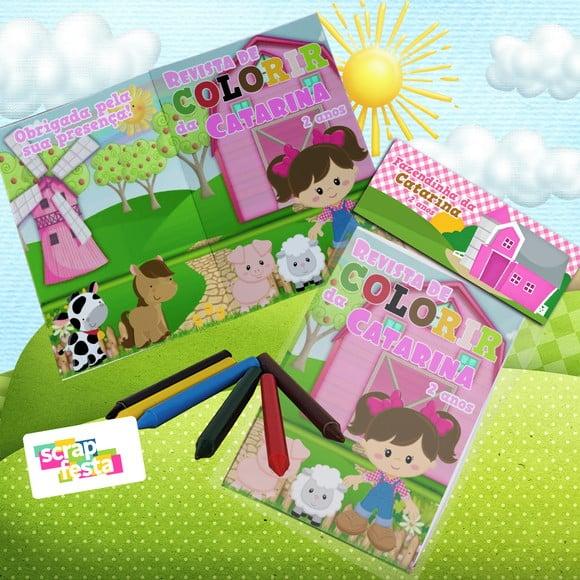 Mini Revista Colorir Giz Cera, Saquinho, Lapela Fazendinha