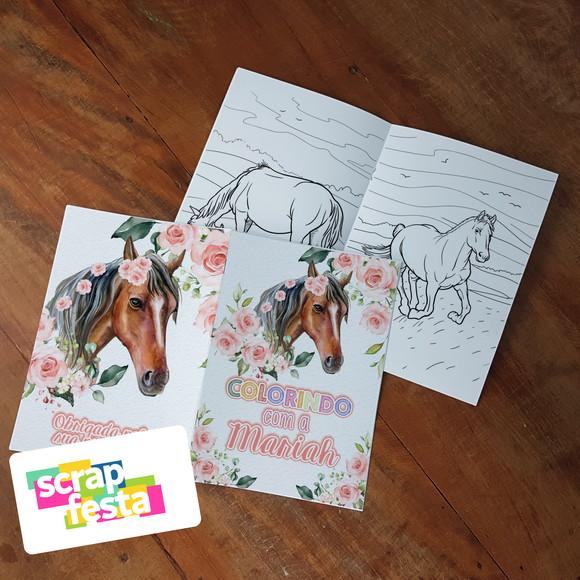Revista Colorir + Giz de Cera Festa Cavalo Aquarela Floral