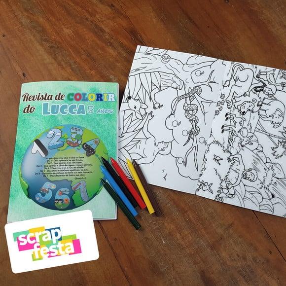 Revista Colorir + Giz de Cera Festa Criação do Mundo 7 Dias