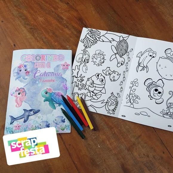 Revista Colorir + Giz de Cera Festa Fundo do Mar Aquarela