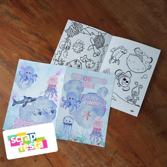 Revista Colorir + Giz de Cera Festa Fundo do Mar Aquarela