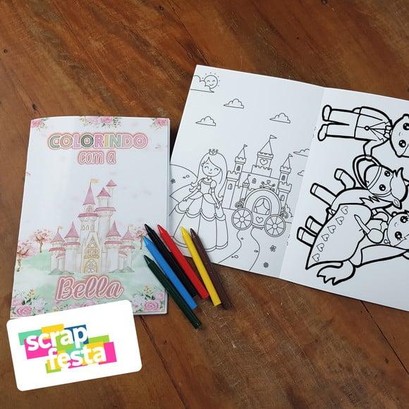 Revista Colorir + Giz de Cera Festa Princesas Aquarela