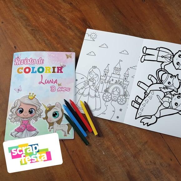 Revista Colorir + Giz de Cera Festa Princesas Cute