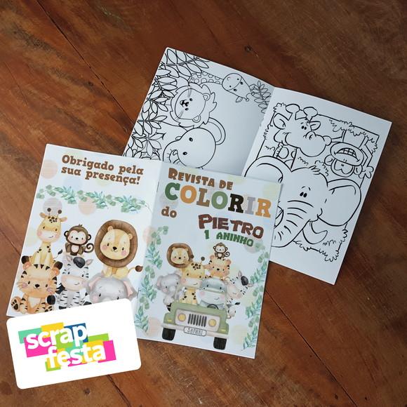Revista Colorir + Giz de Cera Festa Safari Aquarela