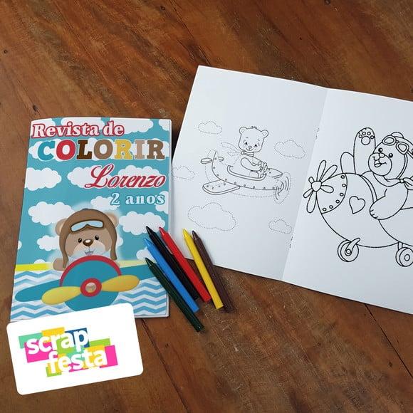 Revista Colorir + Giz de Cera Festa Urso Aviador