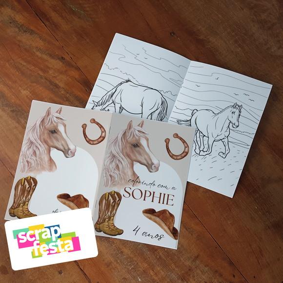 Revista Colorir + Giz de Cera Personalizado Festa Cavalo