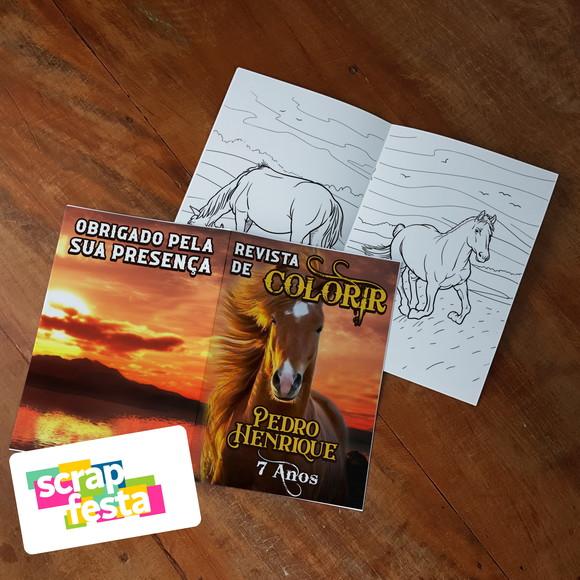 Revista Colorir+embalagem+giz Cera Festa Cavalos