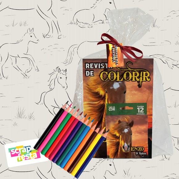 Revista Colorir+embalagem+lápis de Cor Cavalos