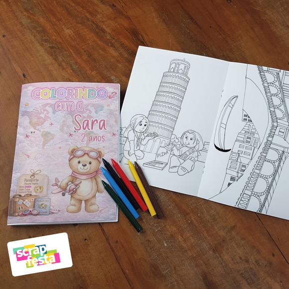 Revista Colorir+embalagem+giz de Cera Viagem Ursinha Aviador