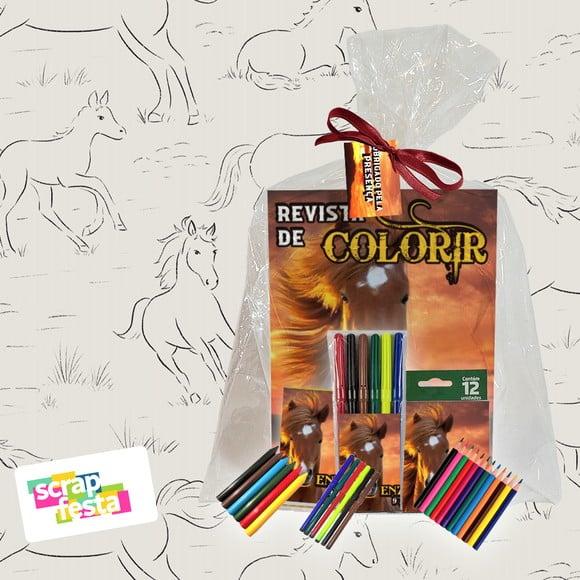 Revista Colorir+embalagem+giz+canetinha+lápis Cavalos