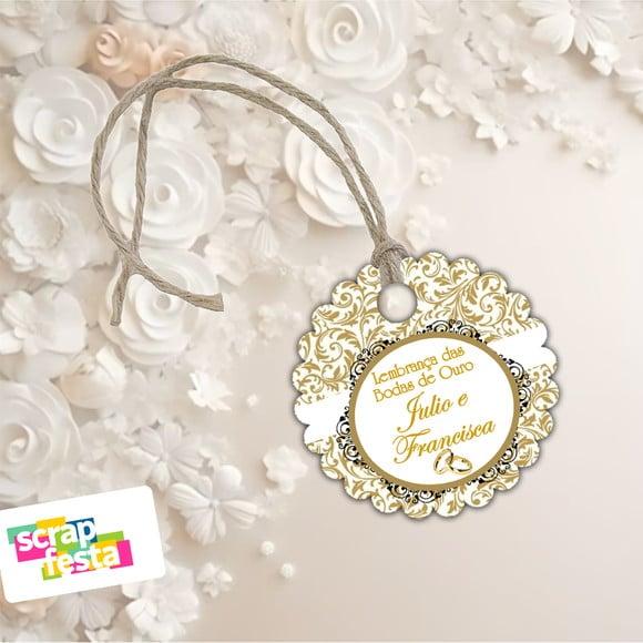 Tag Redonda + Fio de Rami Juta Casamento Bodas de Ouro
