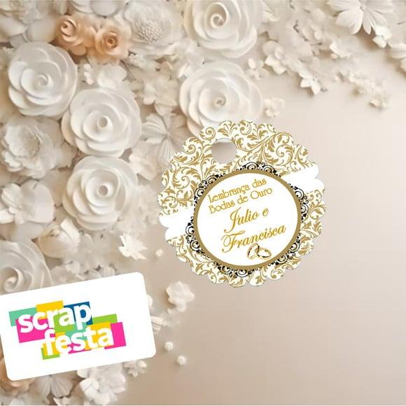 Tag Redonda 3,8cm Escalopada com Furinho Festa Bodas de Ouro