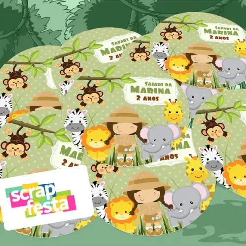 Adesivo 5 cm Redondo Personalizado Festa Safari Menina