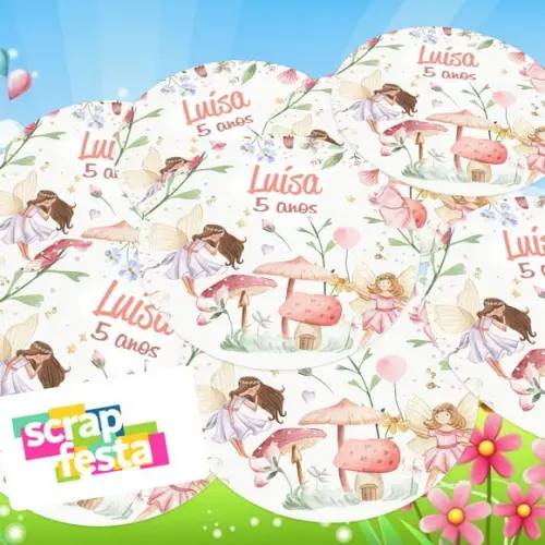 Adesivo 5 cm Redondo Personalizado Jardim das Fadas Aquarela