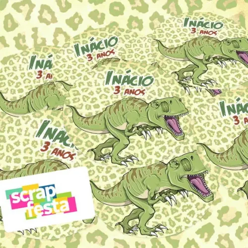 Adesivo 5cm Redondo Festa Dinossauro Tiranossauro Rex