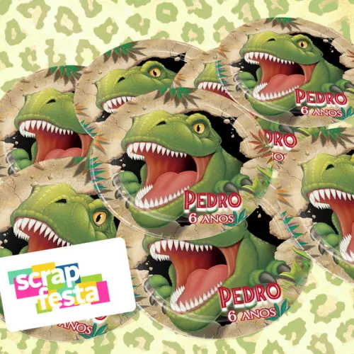 Adesivo 5cm Redondo Festa Dinossauro Tiranossauro Rex