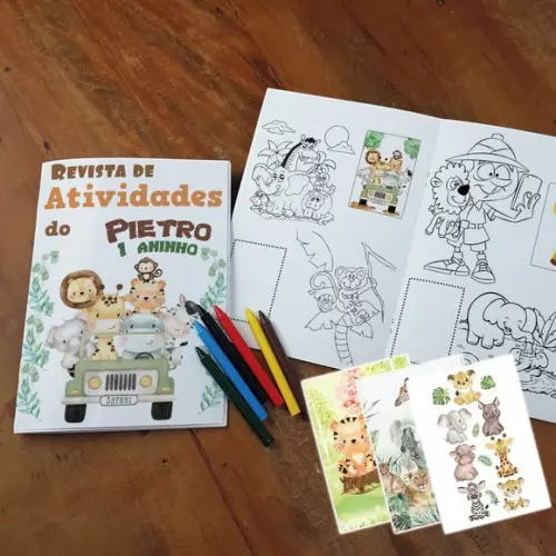 Álbum de Figurinha, Colorir, Giz de Cera Festa Safari