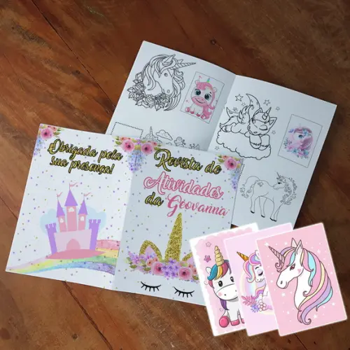 Álbum de Figurinha, Colorir, Giz de Cera Festa Unicórnio
