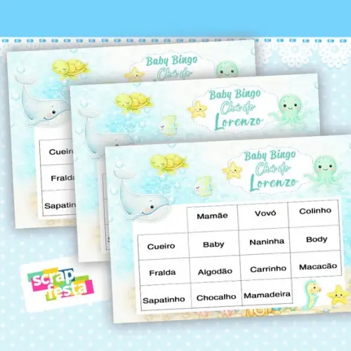 Bingo Festa Chá de Bebê Menino Fundo do Mar Aquarela