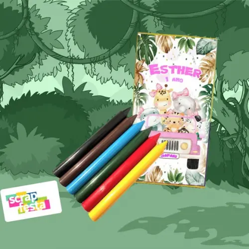Caixinha Giz de Cera 6 Cores Personalizado Safari Aquarela