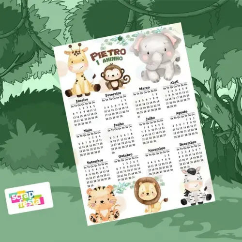 Calendário Personalizado Festa Safari Aquarela
