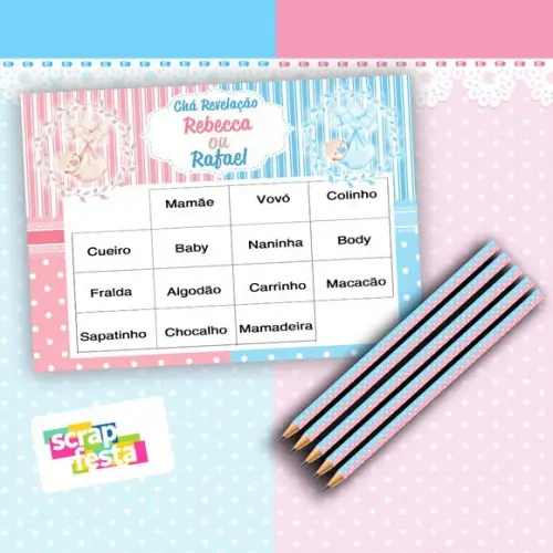 Kit Bingo + Lápis Festa Chá Revelação Baby Bingo