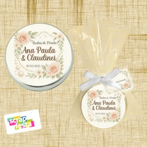 Latinha,saquinho,fitinha e Tag Personalizada Bodas de Pérola