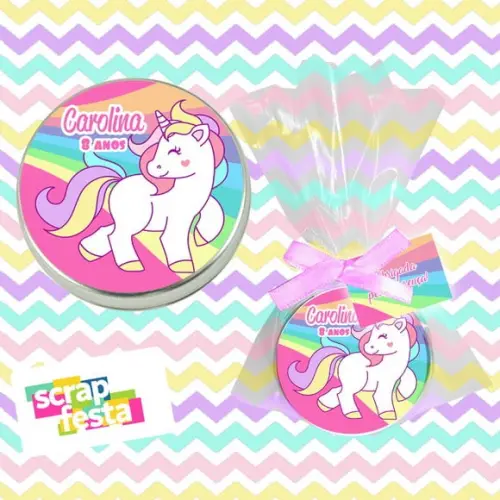 Latinha, Saquinho, Fitinha e Tag Personalizada Unicórnio
