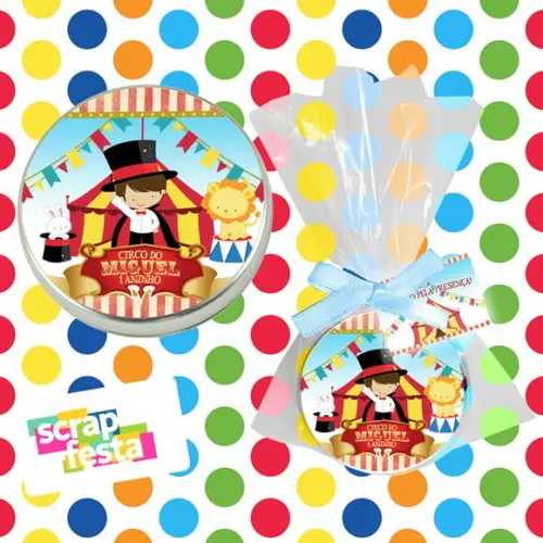 Latinha, Saquinho, Fitinha e Tag Personalizadas Festa Circo