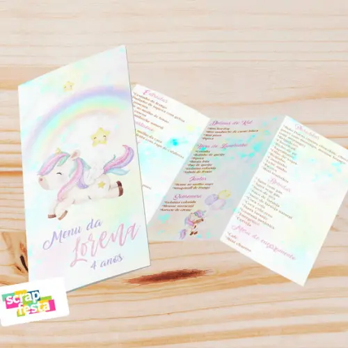 Menu Cardápio 3 Partes Festa Unicórnio Aquarela