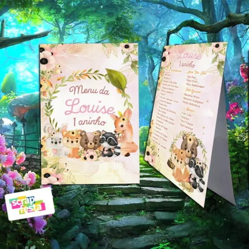 Menu Cardápio Cavalete Festa Floresta Encantada Aquarela