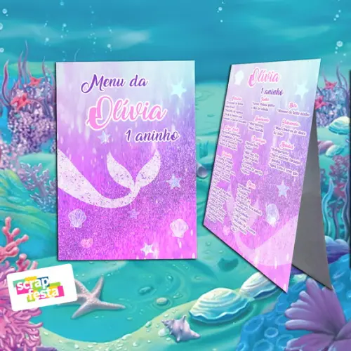 Menu Cardápio Cavalete Festa Sereia Aquarela