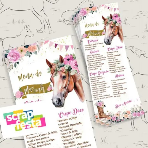 Menu Cardápio Personalizado Festa Cavalo Floral Aquarela