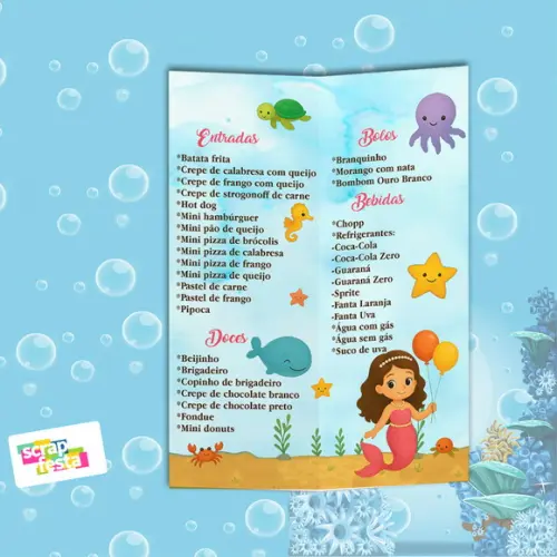Menu Cardápio Personalizado Festa Fundo do Mar Sereia
