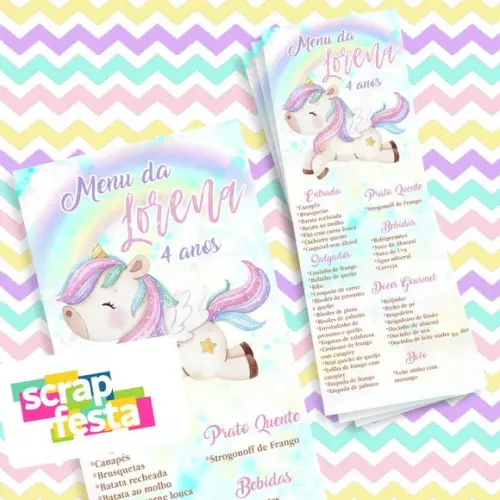 Menu Cardápio Personalizado Festa Unicórnio Aquarela