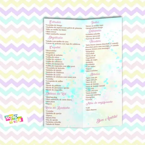 Menu Cardápio Personalizado Festa Unicórnio Aquarela