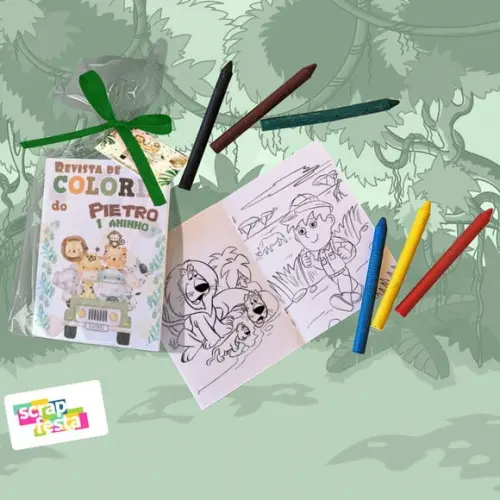 Mini Revista Colorir Giz Cera, Saquinho, Tag, Fitinha Safari