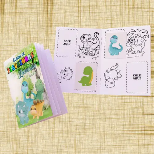 Mini Álbum de Figurinha, Colorir, Festa Dinossauro Cute