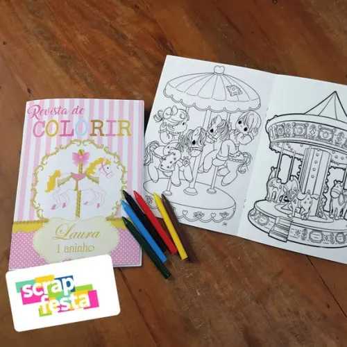 Revista Colorir + Giz Cera Carrossel Encantado Candy Color
