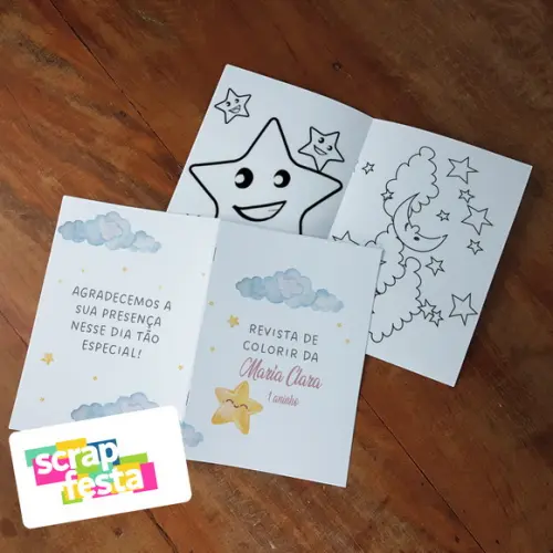 Revista Colorir + Giz Cera Festa Brilha, Brilha Estrelinha