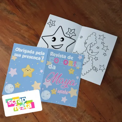 Revista Colorir + Giz Cera Festa Brilha, Brilha Estrelinha