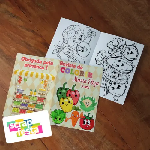 Revista Colorir + Giz Cera Festa Hortifrúti/frutas/quitanda