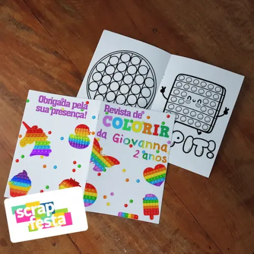 Revista Colorir + Giz Cera Personalizado Festa Pop It
