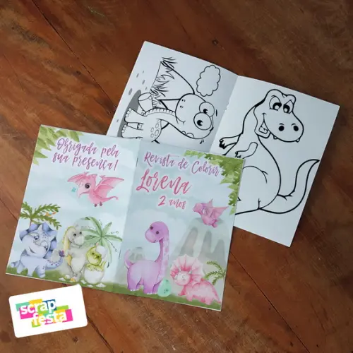 Revista Colorir + Giz de Cera Dinossauro Cute Aquarela