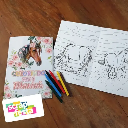 Revista Colorir + Giz de Cera Festa Cavalo Aquarela Floral