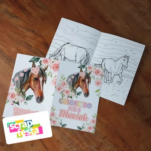 Revista Colorir + Giz de Cera Festa Cavalo Aquarela Floral