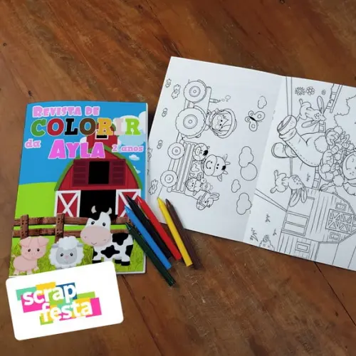 Revista Colorir + Giz de Cera Festa Fazendinha Menina Rosa